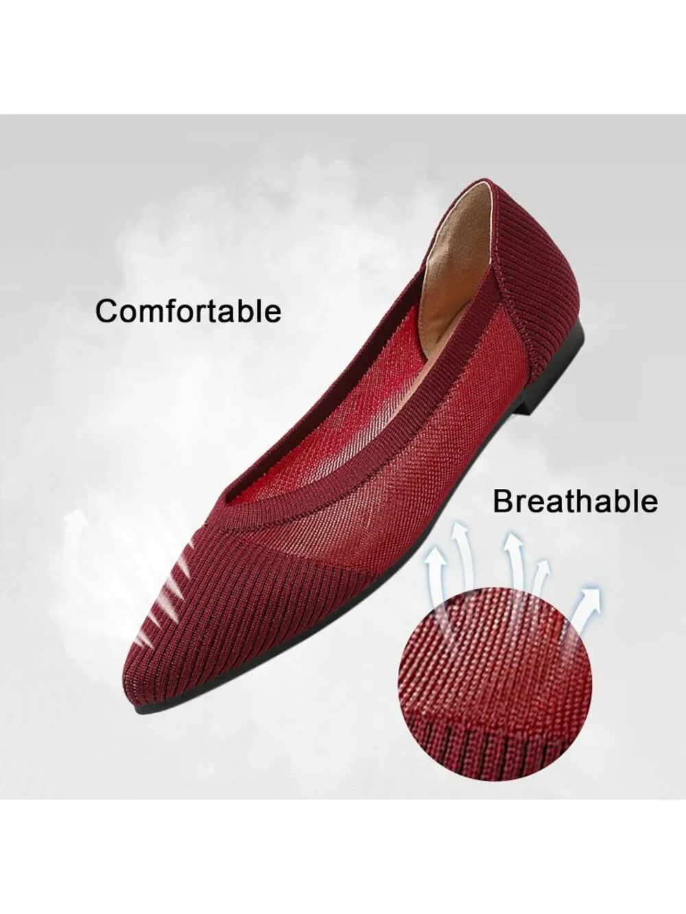 Women's Red Flats Shoes Pointed Toe Knit Ballet Comfortable Dressy Mesh Flat